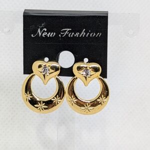 Earrings Gold Tone Hearts Clear Rhinestone Accents Pierced Boho Bohemian